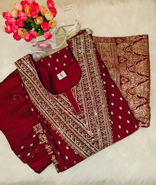 MAROON HEAVY WORK KURTI SET KS038